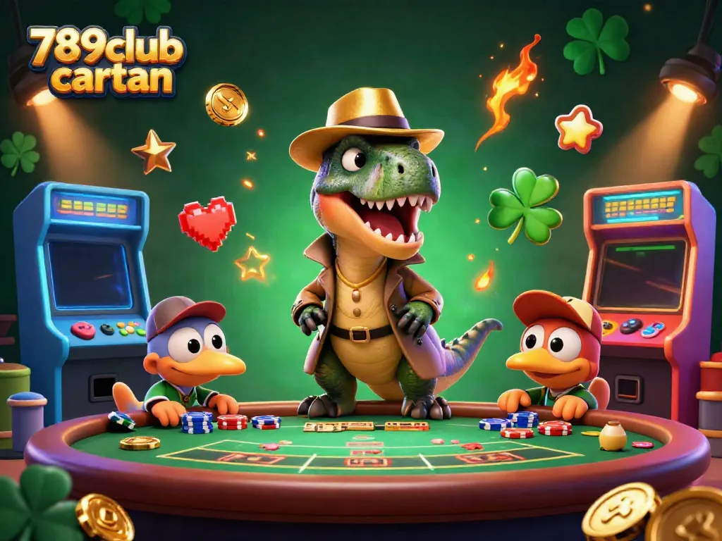 Experience the thrilling atmosphere of 789club cartan in this vibrant casino illustration featuring dinosaur characters.