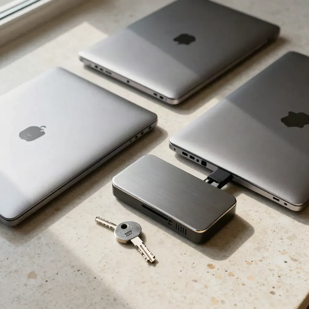 Closed laptops with a security key and dock on pale stone, lit by soft window light.