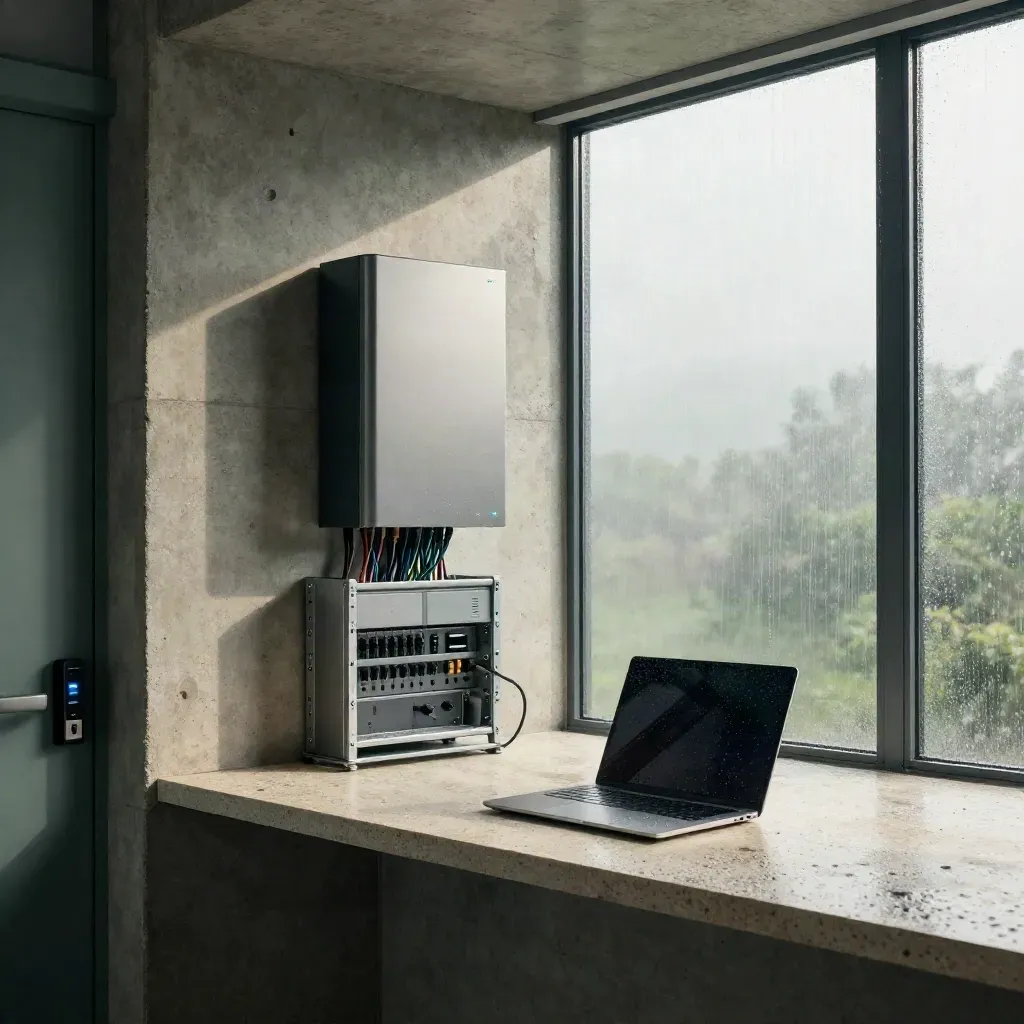 Rainy cyber ops nook with firewall rack, access reader and endpoint devices in cinematic light