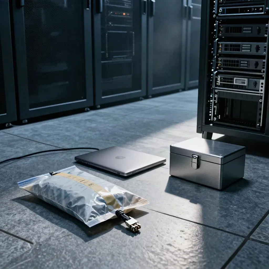 Closed laptop, evidence bag, unplugged cable, and lockbox on a dim server-room floor.