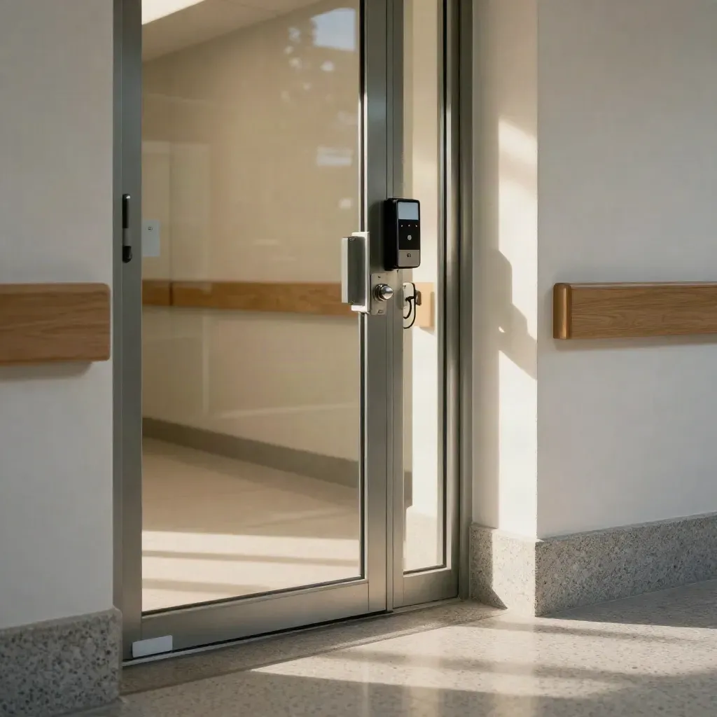 Empty clinic corridor with locked glass door, card reader, and access panel in soft morning light.