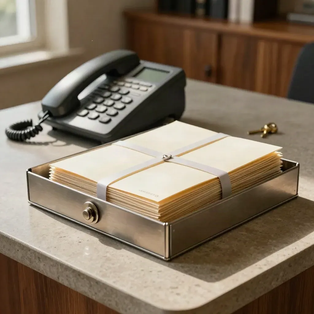 Locked mail tray with sealed legal envelopes and a desktop phone on a warm stone counter.