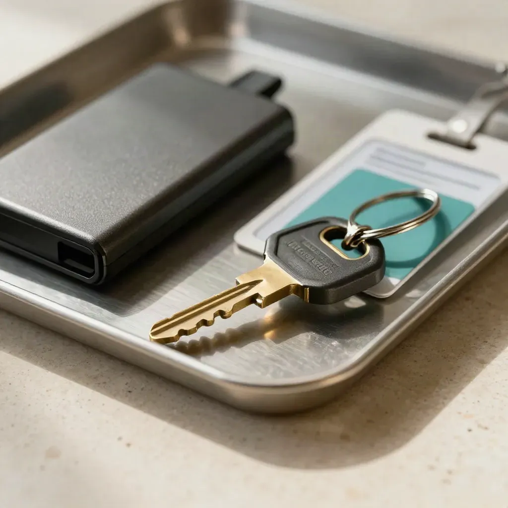 Macro of a brass security key, backup drive, and card reader ring on a metal tray.