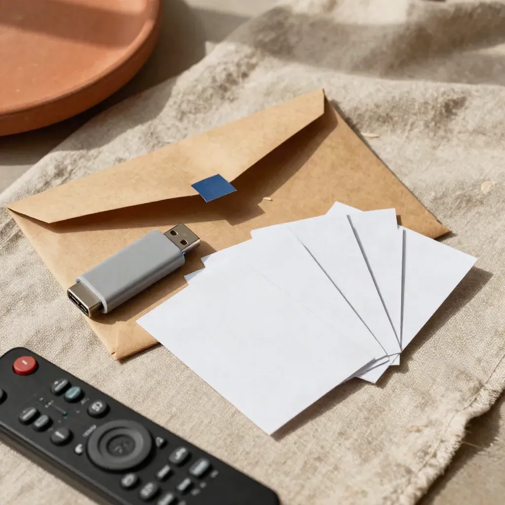 Phishing training kit with sealed envelope, USB, warning cards and remote on linen in soft daylight.