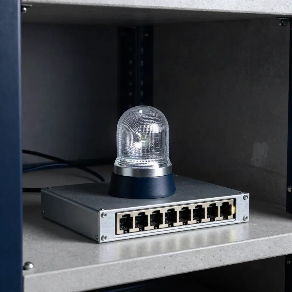 Rack beacon, switch lights, and hot-swap drive caddy in a dark server alcove.