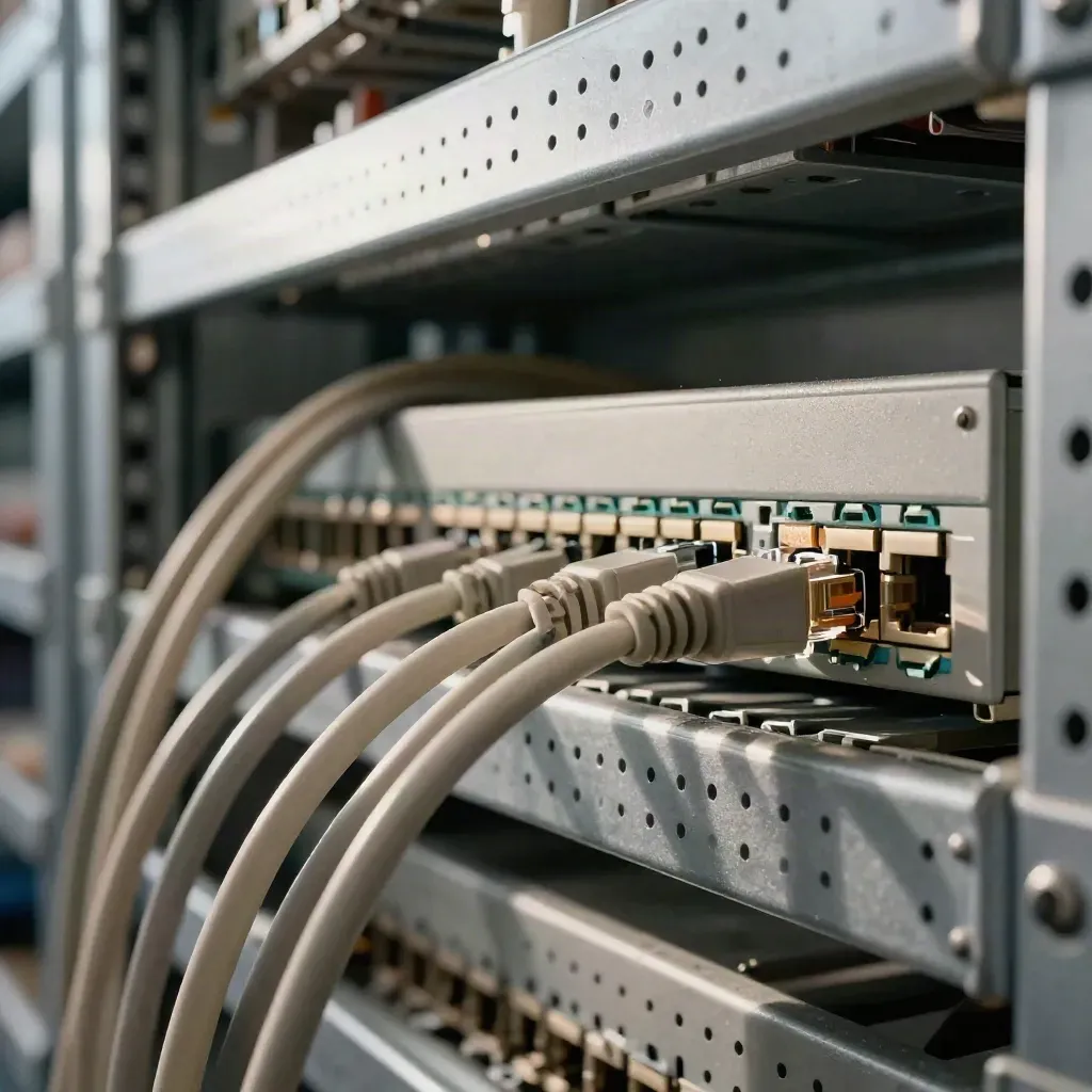 Cables and a PoE injector on perforated steel in a cool network closet.