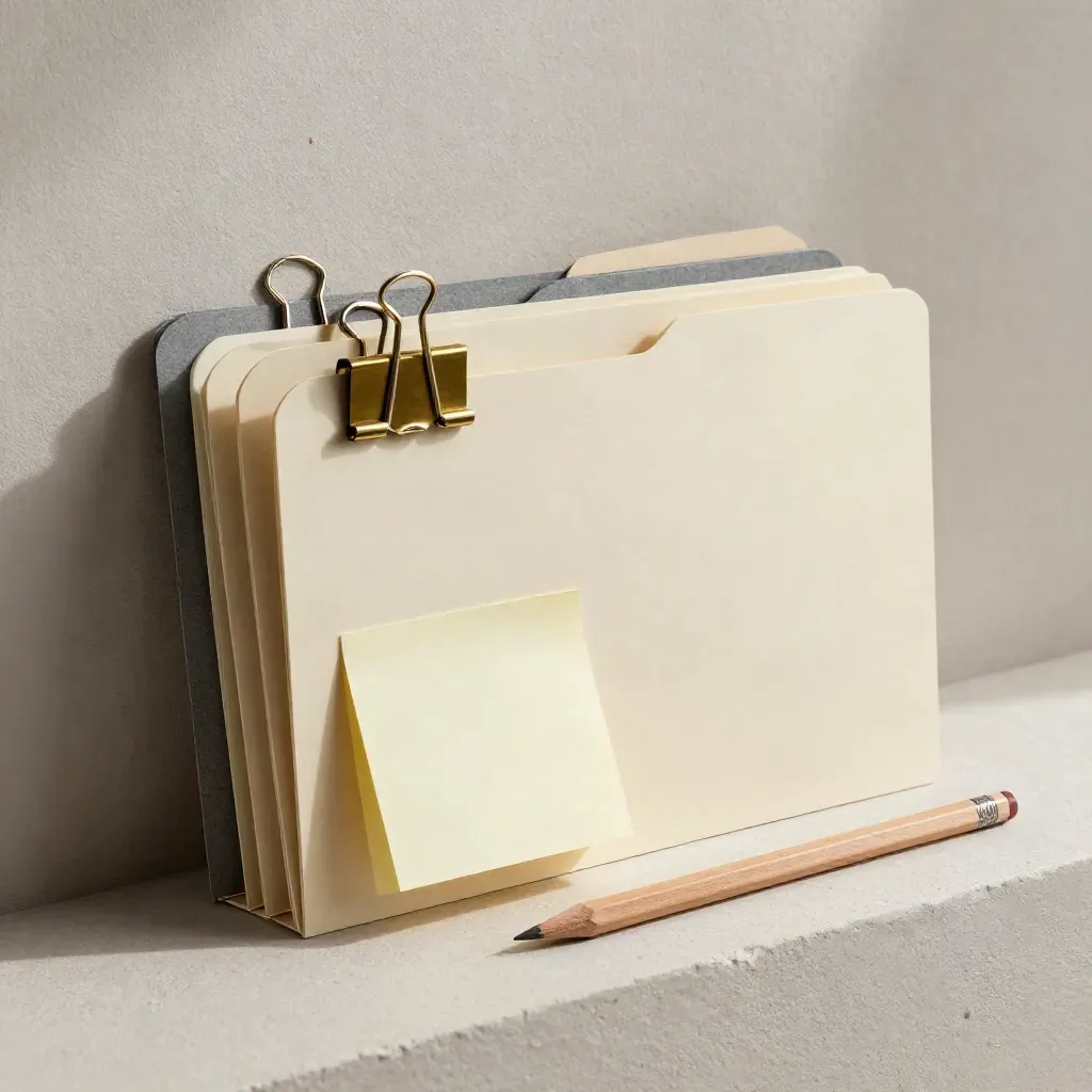 Face-down project folders, brass binder clip, sticky notes, and pencil on plaster.