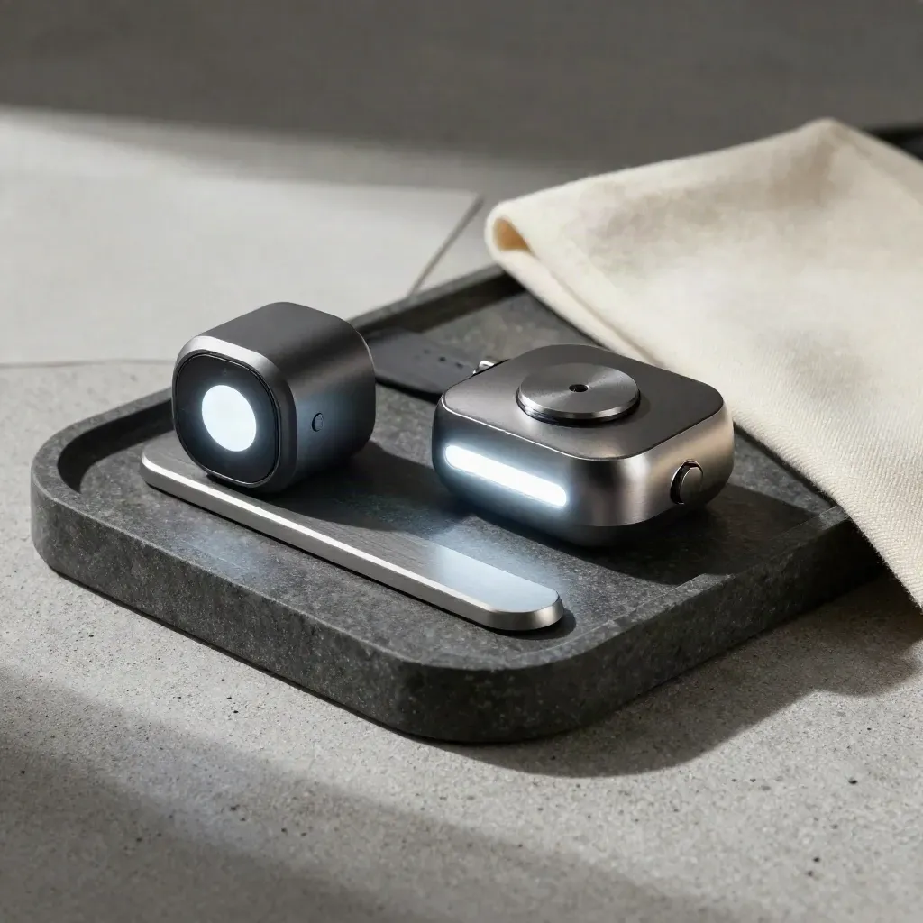 Graphite monitoring beacon, headset dock, and status light bar on a stone tray