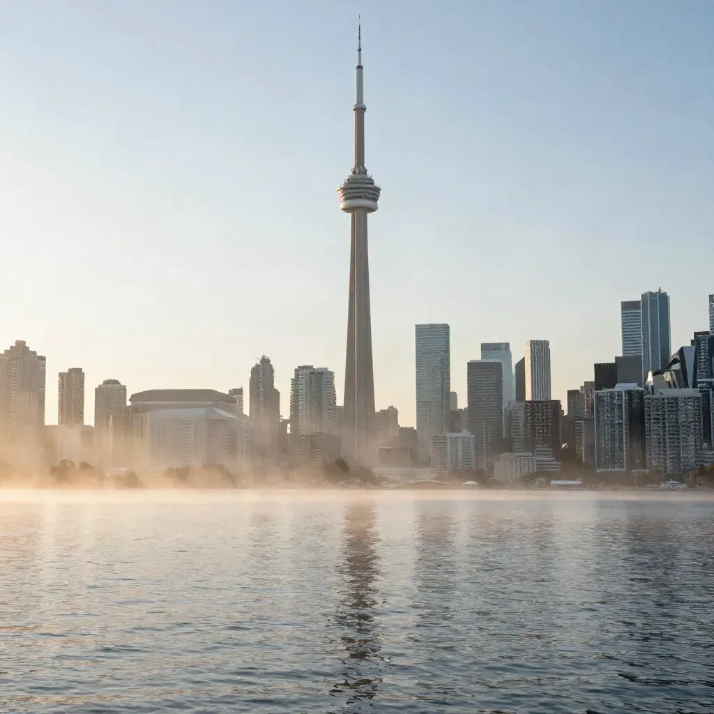 Toronto skyline and CN Tower above misty Lake Ontario at warm dawn.