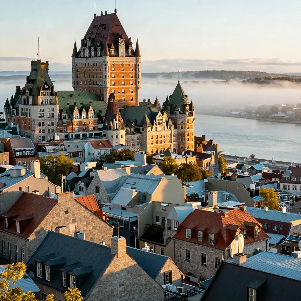 Old Quebec and Château Frontenac glowing at sunrise above a misty St. Lawrence river.