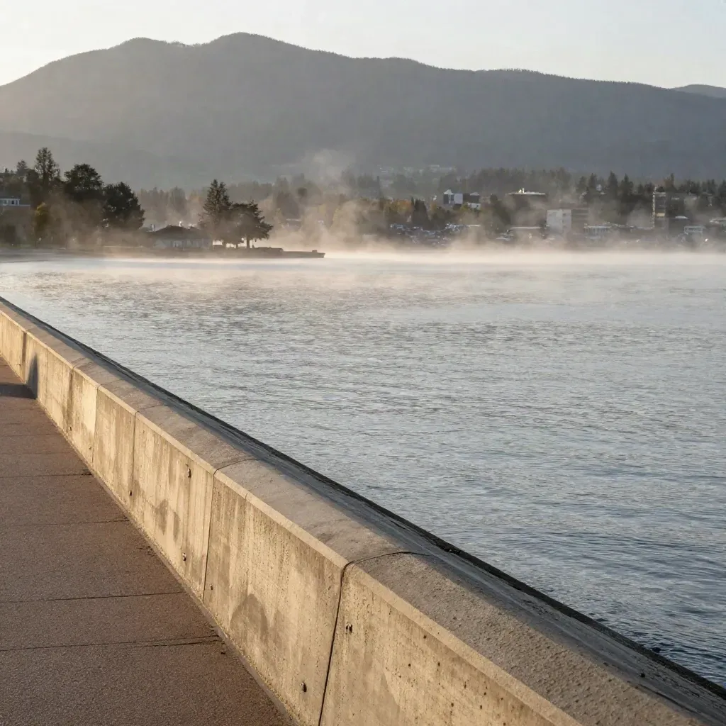 Misty Vancouver harbour with seawall, water and North Shore mountains at dusk.
