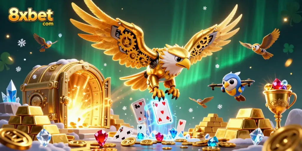 Engage in thrilling gameplay at 8xbet com amid a spectacular 3D casino scene filled with treasures and excitement.
