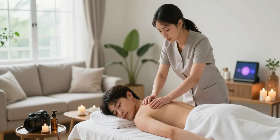Relaxing 구리출장마사지 session in a serene living room, highlighting professional therapist and soothing atmosphere.