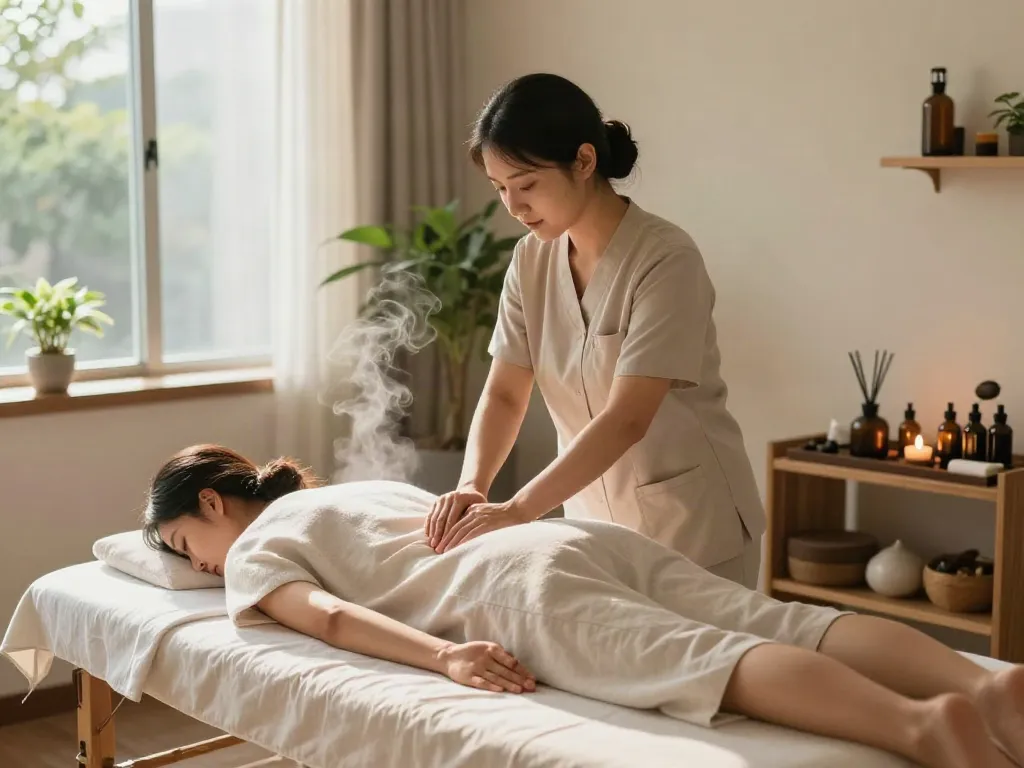 김포출장마사지 therapy session in a serene studio with natural light and calming elements.