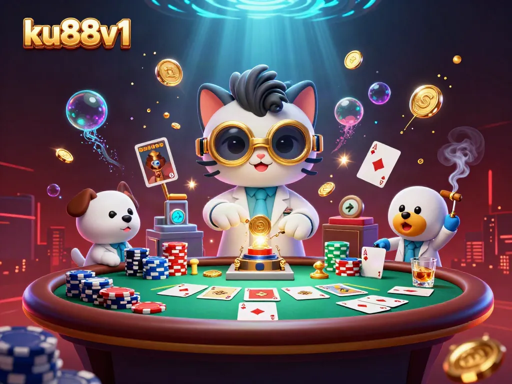 Experience the thrill of ku88v1 with a scientist cat creating wealth amidst vibrant gambling elements.