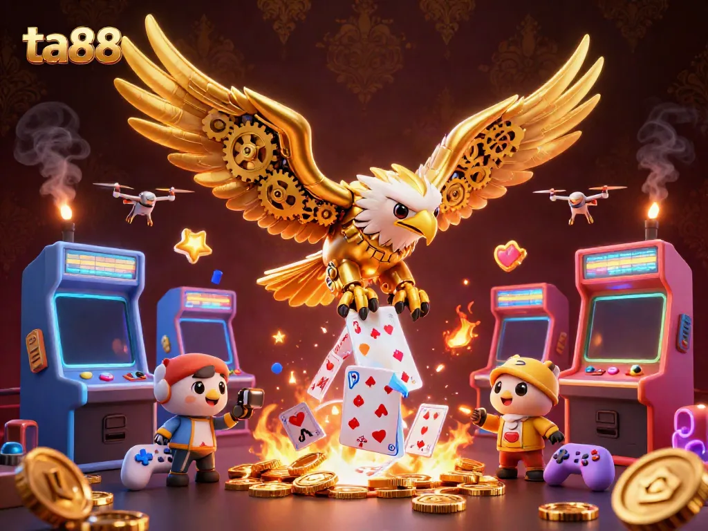 Experience thrilling gameplay at ta88 with a cybernetic eagle diving through holographic cards.