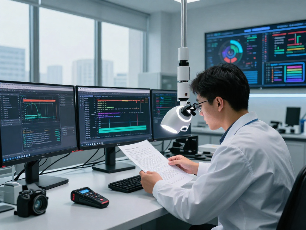 Expert examining document fraud detection results in a high-tech lab with advanced analytical tools