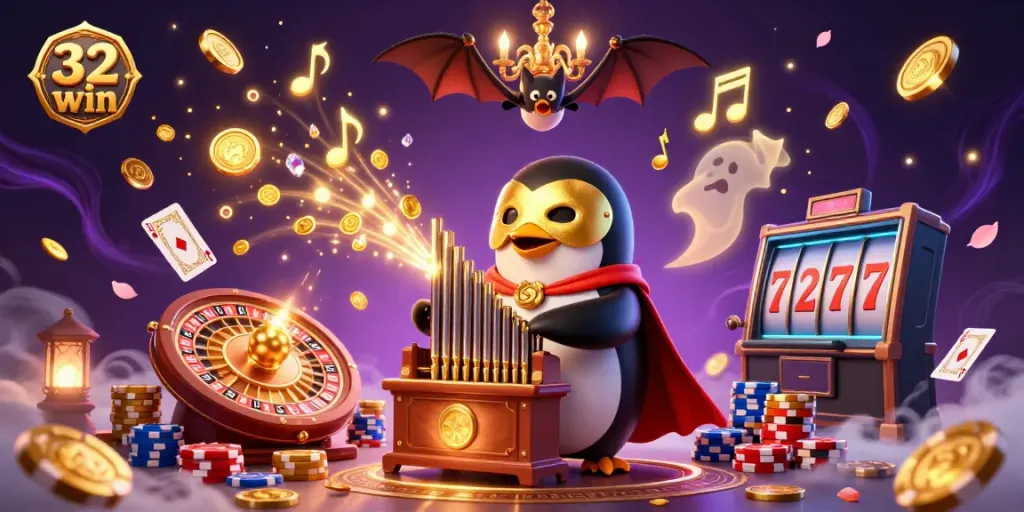 Engaging 32 win casino scene featuring a phantom penguin playing an organ that spills coins, surrounded by casino elements.