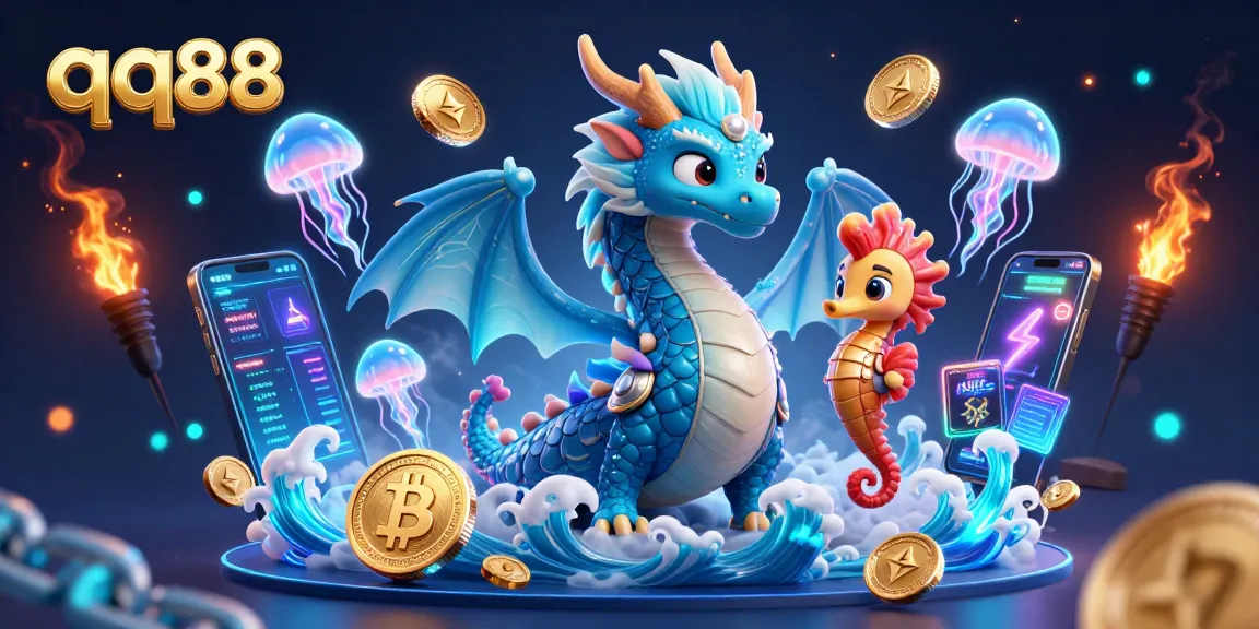 Experience exciting wins with qq88 at a vibrant casino featuring a water dragon and crypto elements.