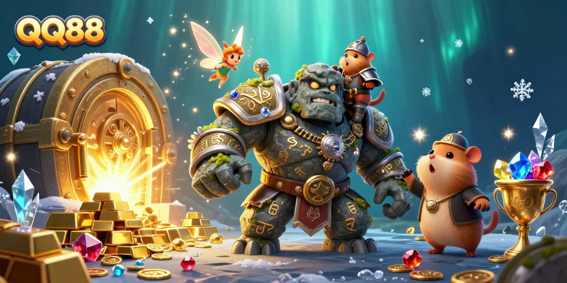 Experience QQ88's thrilling casino adventures with magical characters and treasure in a vibrant 3D scene.