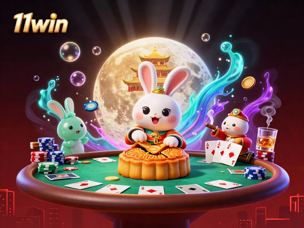 Experience thrilling gameplay with 11win as the moon rabbit reveals poker chips among vibrant casino elements.