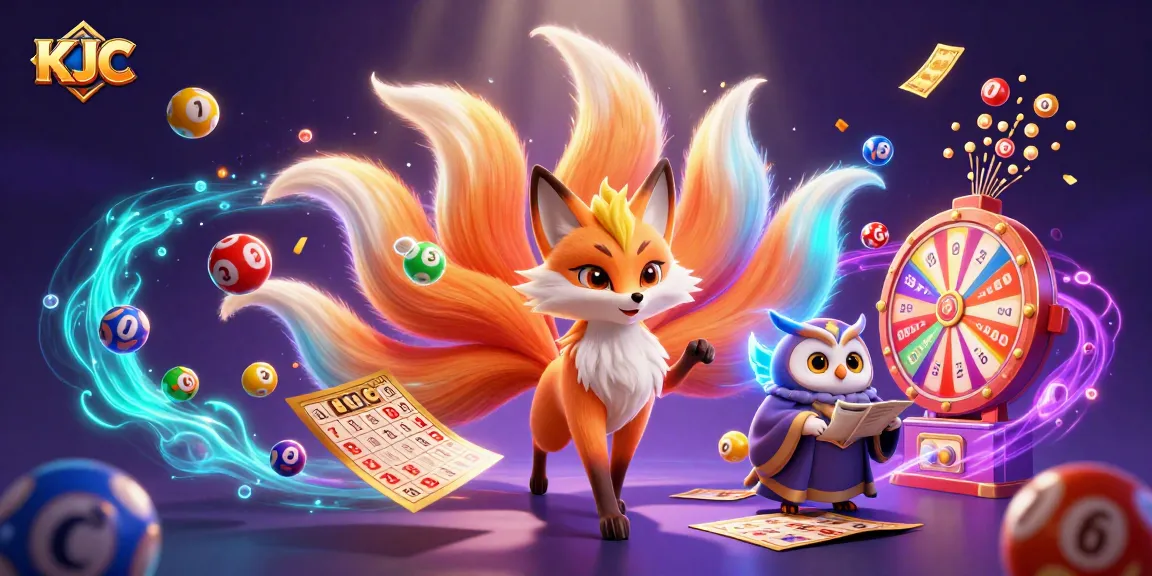 KJC engages players with vibrant lottery elements, featuring a colorful nine-tailed fox and wise owl in a dynamic casino scene.