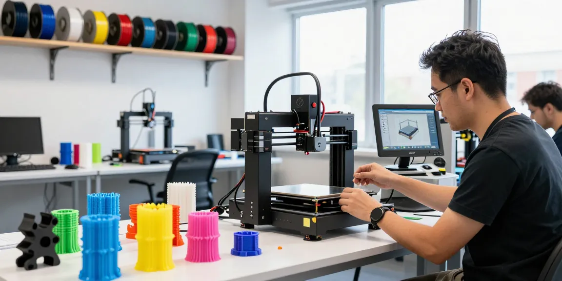 Creating a 3d printer combo in an innovative workshop setting with vibrant printed models.