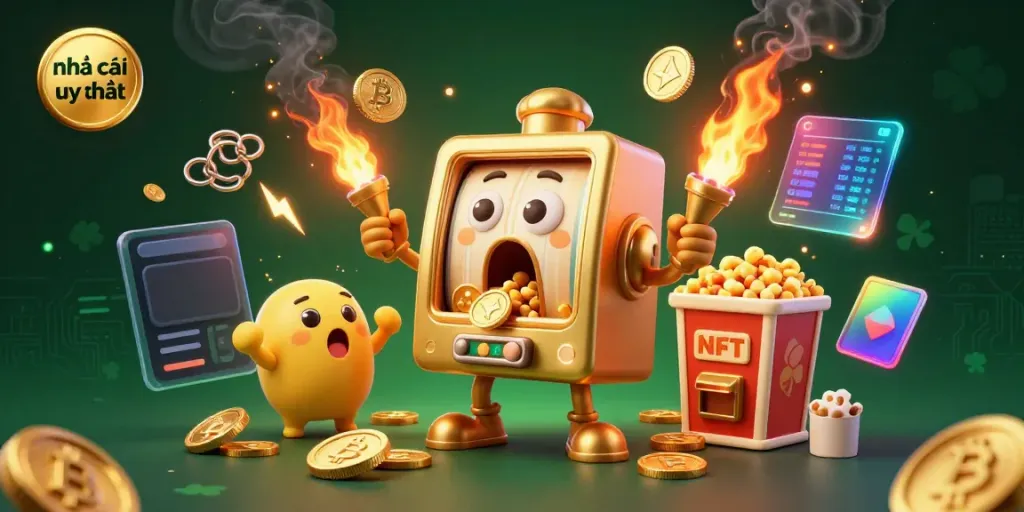 Engaging scene of a golden slot machine, reflecting the excitement of nhà cái uy tín in 2026 with coins and crypto elements.