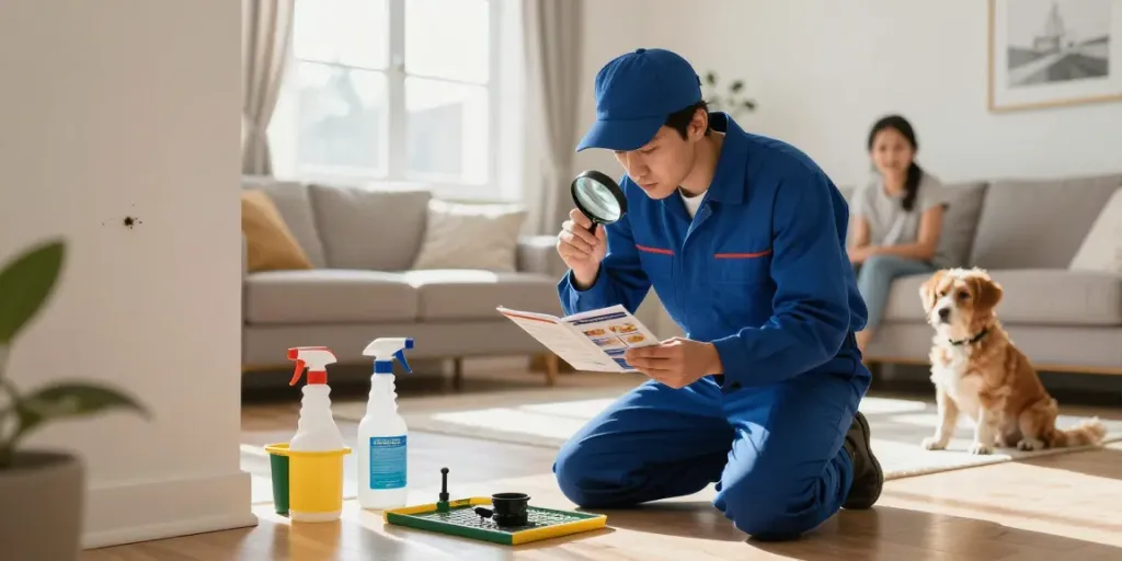 Pest control Calgary professional inspecting a home for pest identification.