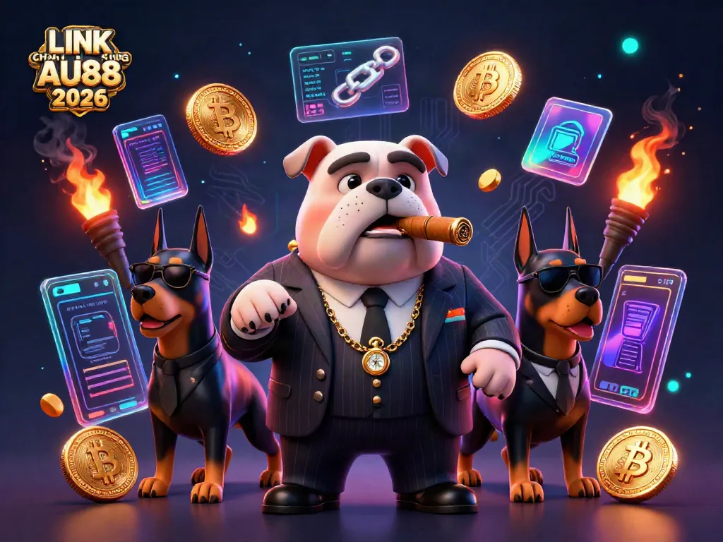 Experience thrilling casino action with LINK CHÍNH THỨC AU88 2026 featuring a mafia boss and Dobermans amidst neon crypto elements.