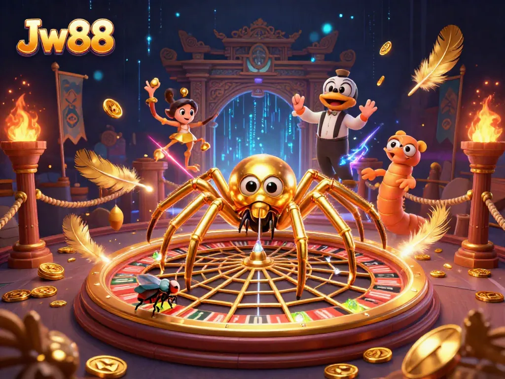 Engage with Jw88 gameplay featuring a dynamic 3D scene with a spider, fly, and centipede in casino-themed action.