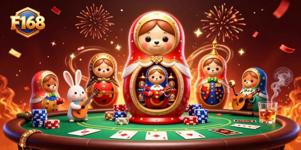 Engage in thrilling gameplay with F168 featuring vibrant casino elements and celebratory atmosphere.
