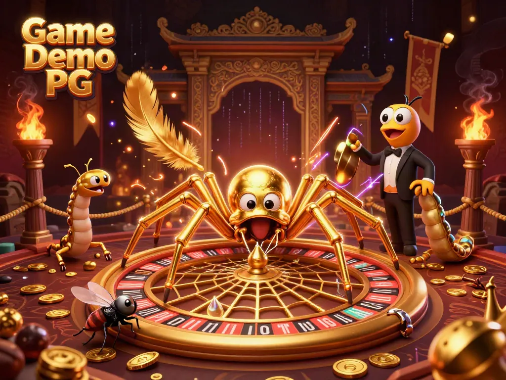 Experience the excitement of Game Demo PG with a thrilling spider-casino scene featuring dynamic symbols and gambling elements.