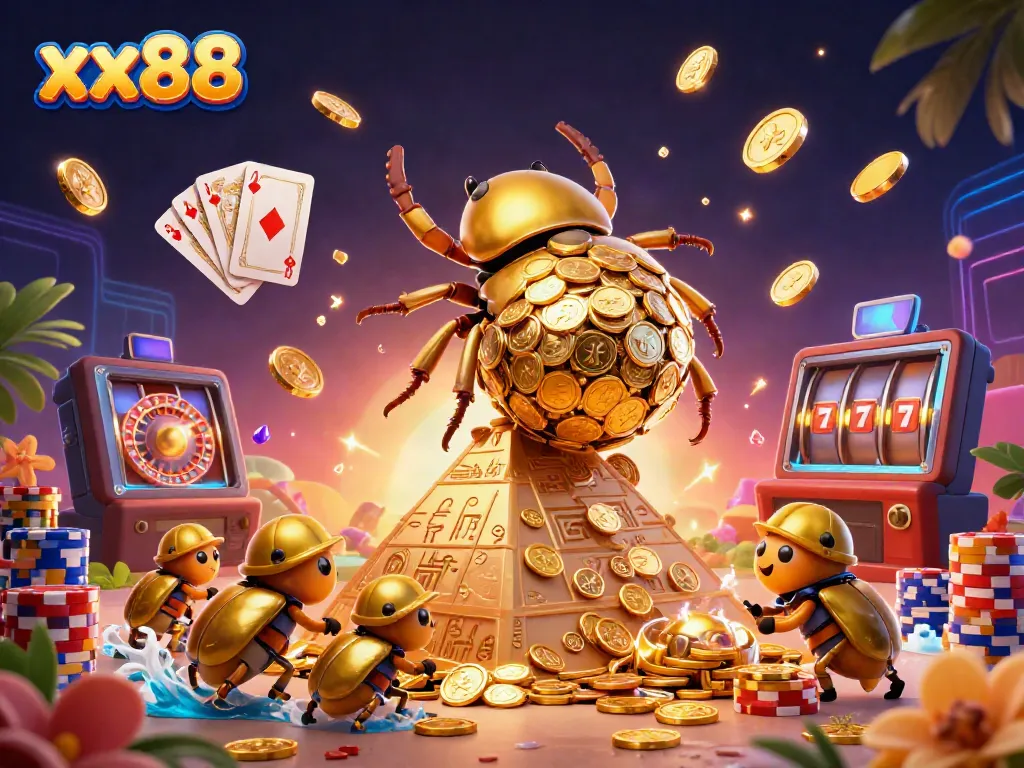 Experience thrilling gameplay with xx88's vibrant casino scene featuring golden coins and lively characters.