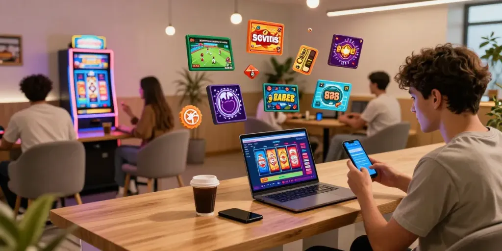 Engaging online gaming community at https://choinohu.vip/ with players enjoying diverse betting options in a modern lounge.