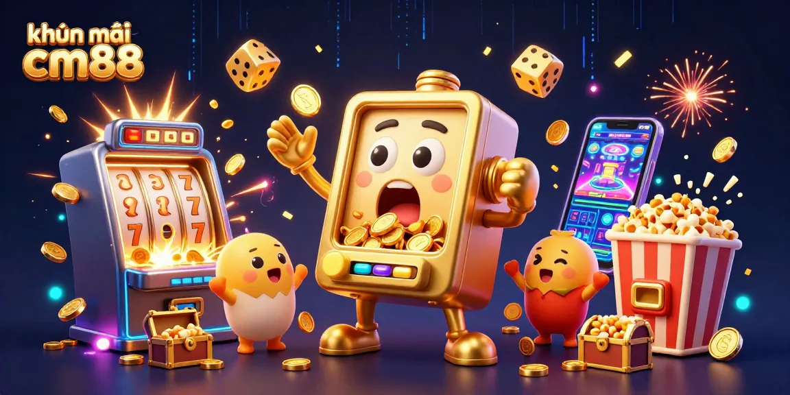Engage with khuyến mãi cm88 in an energetic 3D casino scene featuring a jubilant golden slot machine surrounded by coins and cheering machines.