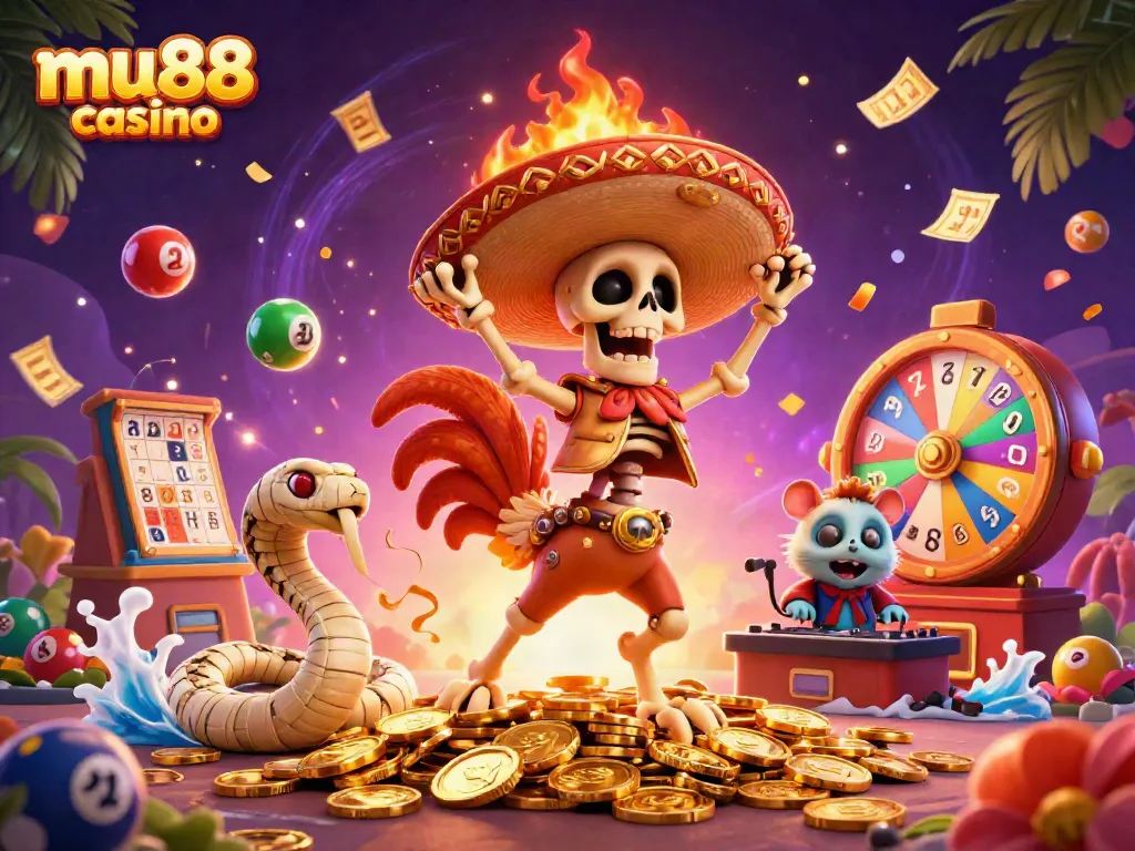 Experience the excitement at mu88 casino with a vibrant 3D illustration of festive characters celebrating amidst gaming elements.