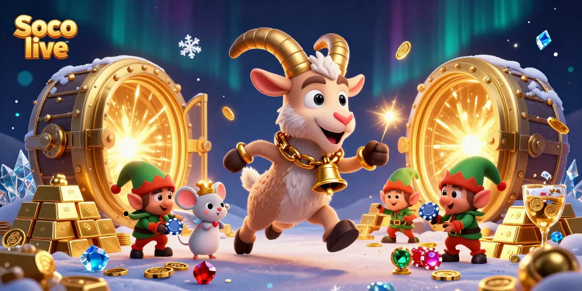 Soco live captures a dynamic casino scene with Krampus goat, an angel mouse, and mischievous gremlins amidst vibrant treasures.