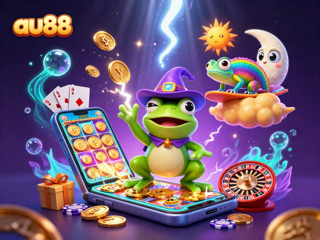 Win big at au88 with a vibrant 3D casino scene featuring a frog wizard and golden coins!