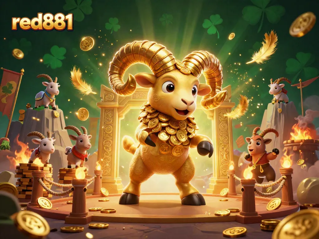 Experience the excitement of red881 with a dynamic scene of a golden ram amidst casino elements.