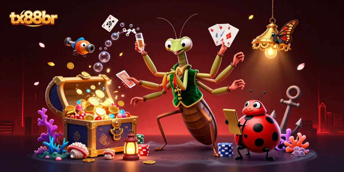 Engage with tx88br's vibrant casino world featuring a giant mantis card sharp and ladybug pit boss in a richly detailed scene.