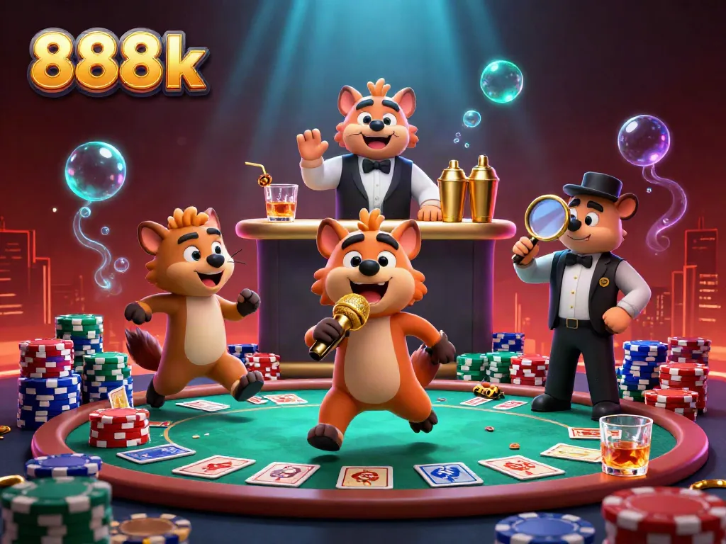 Hyenas entertain at a vibrant 888k themed comedy casino club with poker elements and rich visuals.