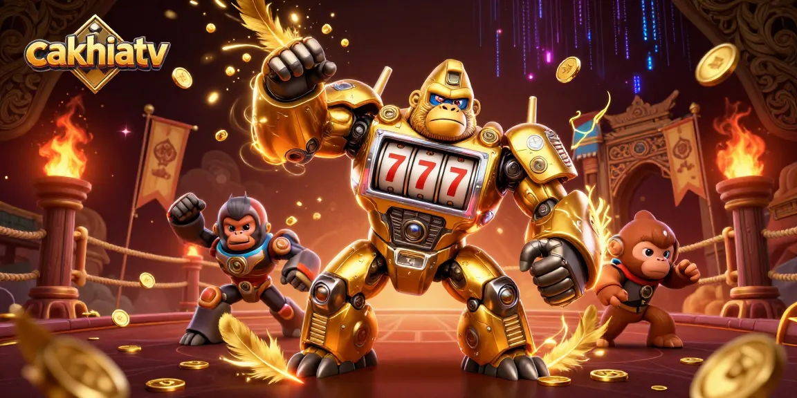 Cakhiatv showcases a dynamic 3D illustration of a golden gorilla mech with slot machine parts, symbolizing online casino excitement.