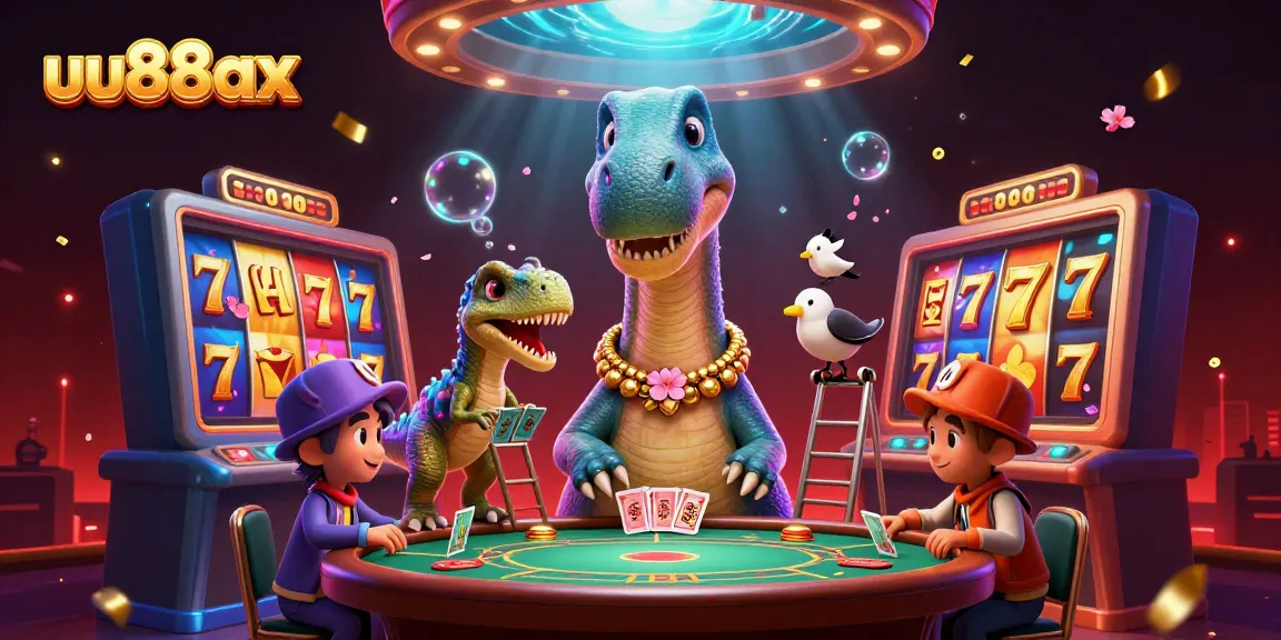 Experience the excitement of uu88ax with an engaging 3D casino scene featuring vibrant slots and lively characters.