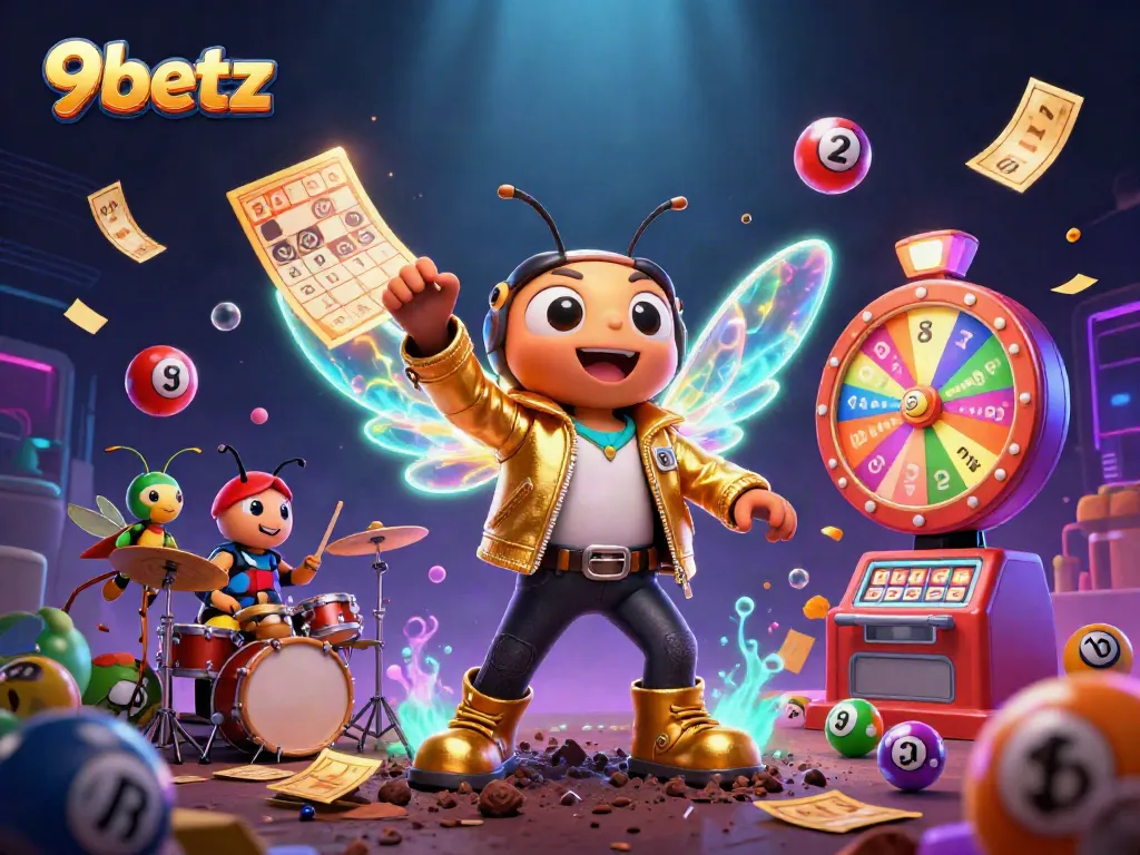 Experience winning at 9betz with vibrant colors and casino elements in a lively carnival scene.