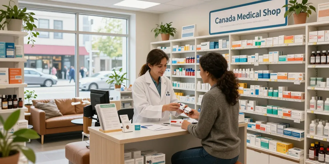 Canada medical shop pharmacist assisting customer in modern pharmacy.