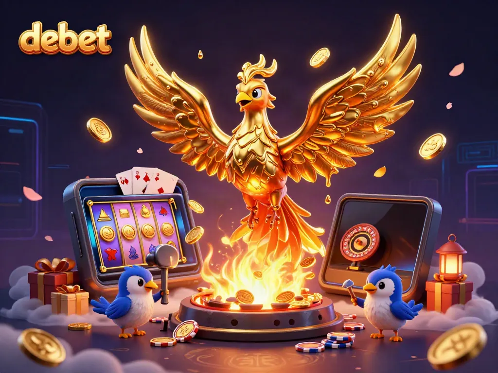 Experience the vibrant world of debet with a golden phoenix surrounded by dynamic casino elements and golden coins.