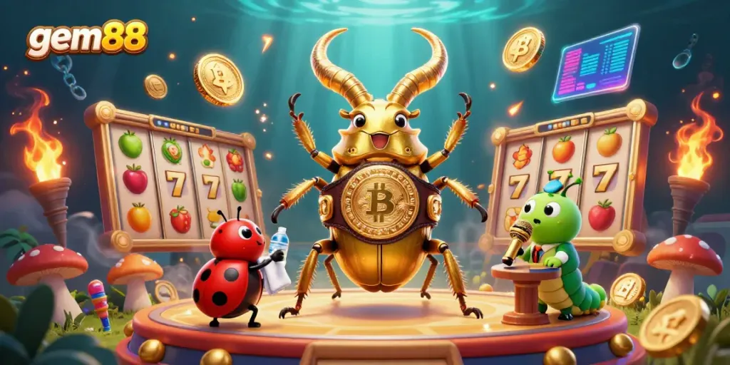 Experience gem88's thrilling gaming atmosphere with a giant golden stag beetle boxing champion, vibrant game elements, and dynamic action.