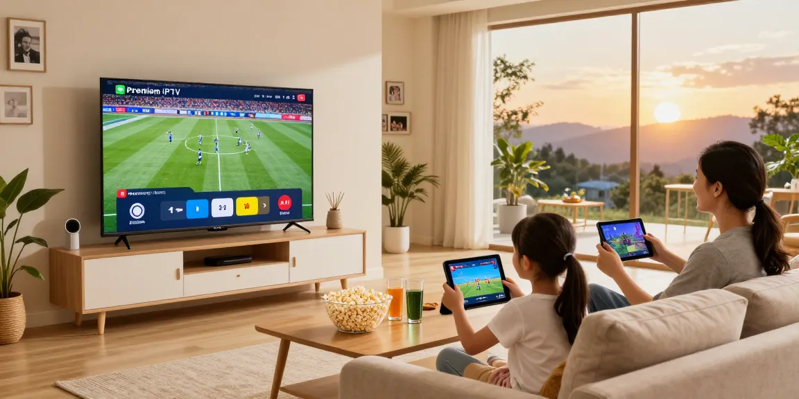 Family enjoying IPTV streaming in a cozy living room with snacks and sports on TV.