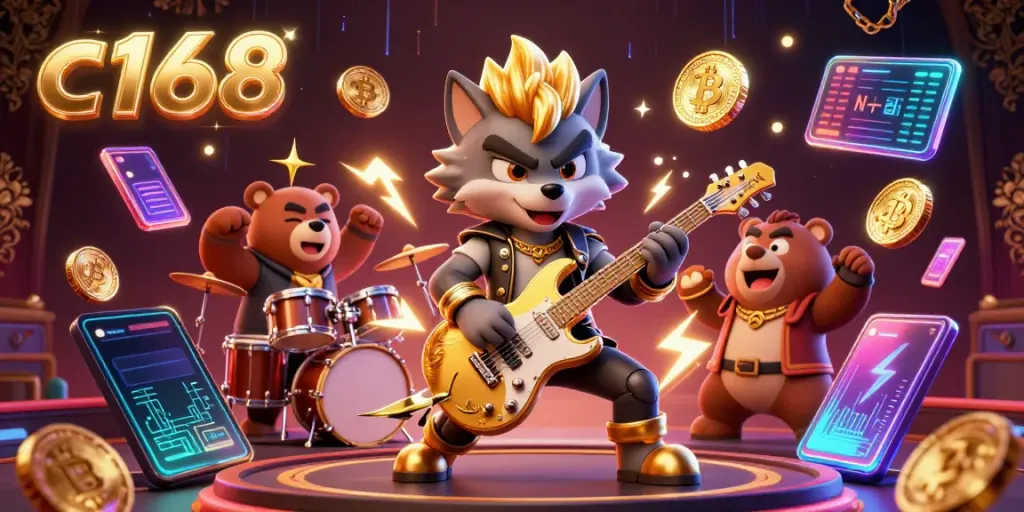 Engage with c168, featuring a rock star wolf and drummer bear in a lively casino scene with crypto elements.